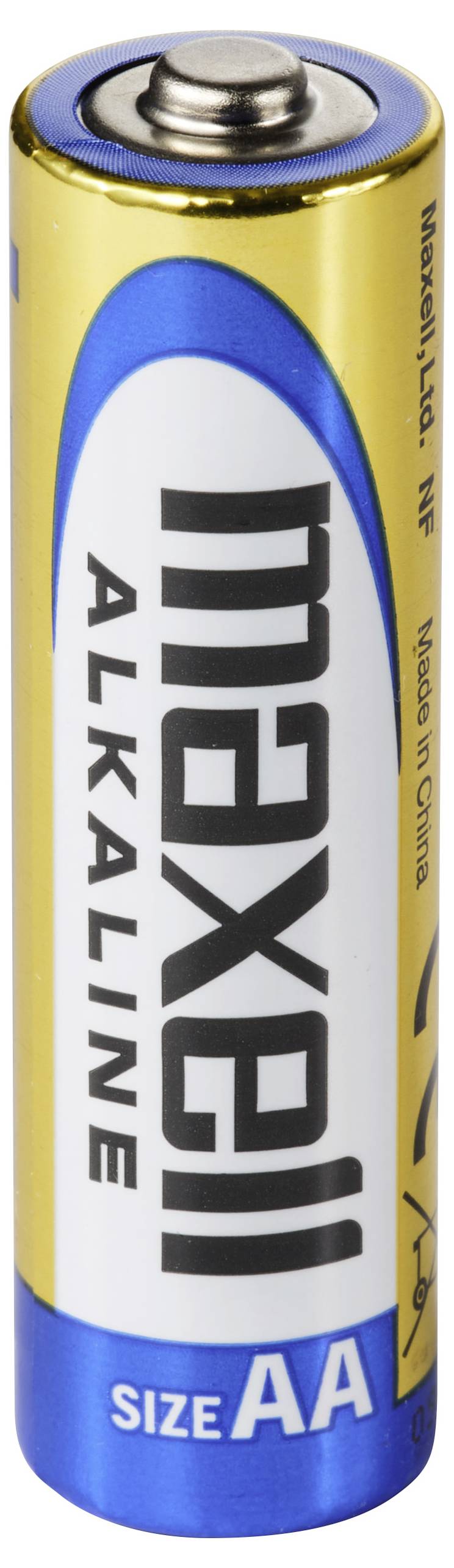 Alkalická baterie Maxell AA stojící vzpřímená, s modrým, zlatým a bílým obalem a viditelným štítkem "AA".