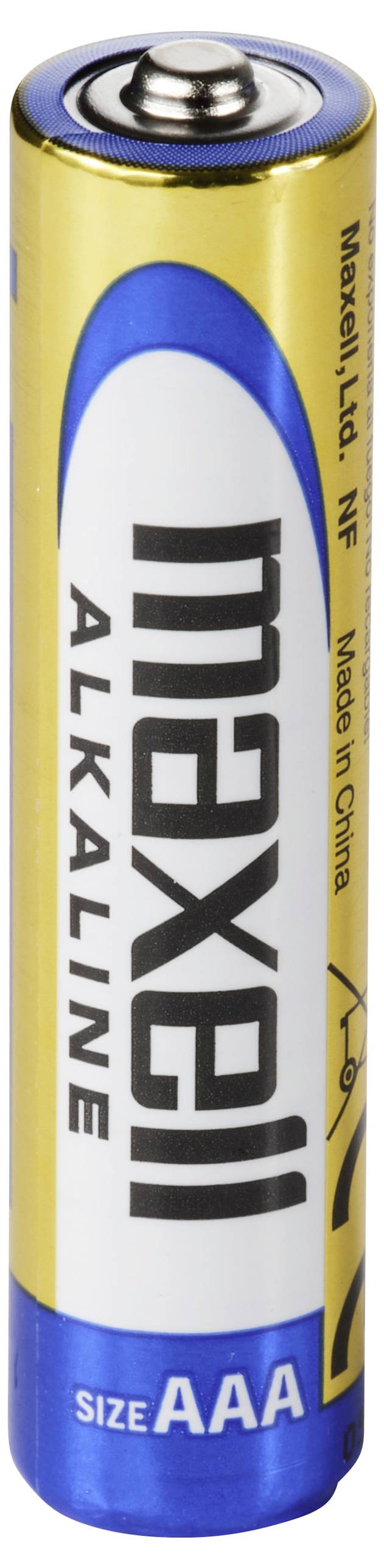Baterie AAA Maxell Alkaline zobrazená svisle s modrým, bílým a zlatým štítkem.