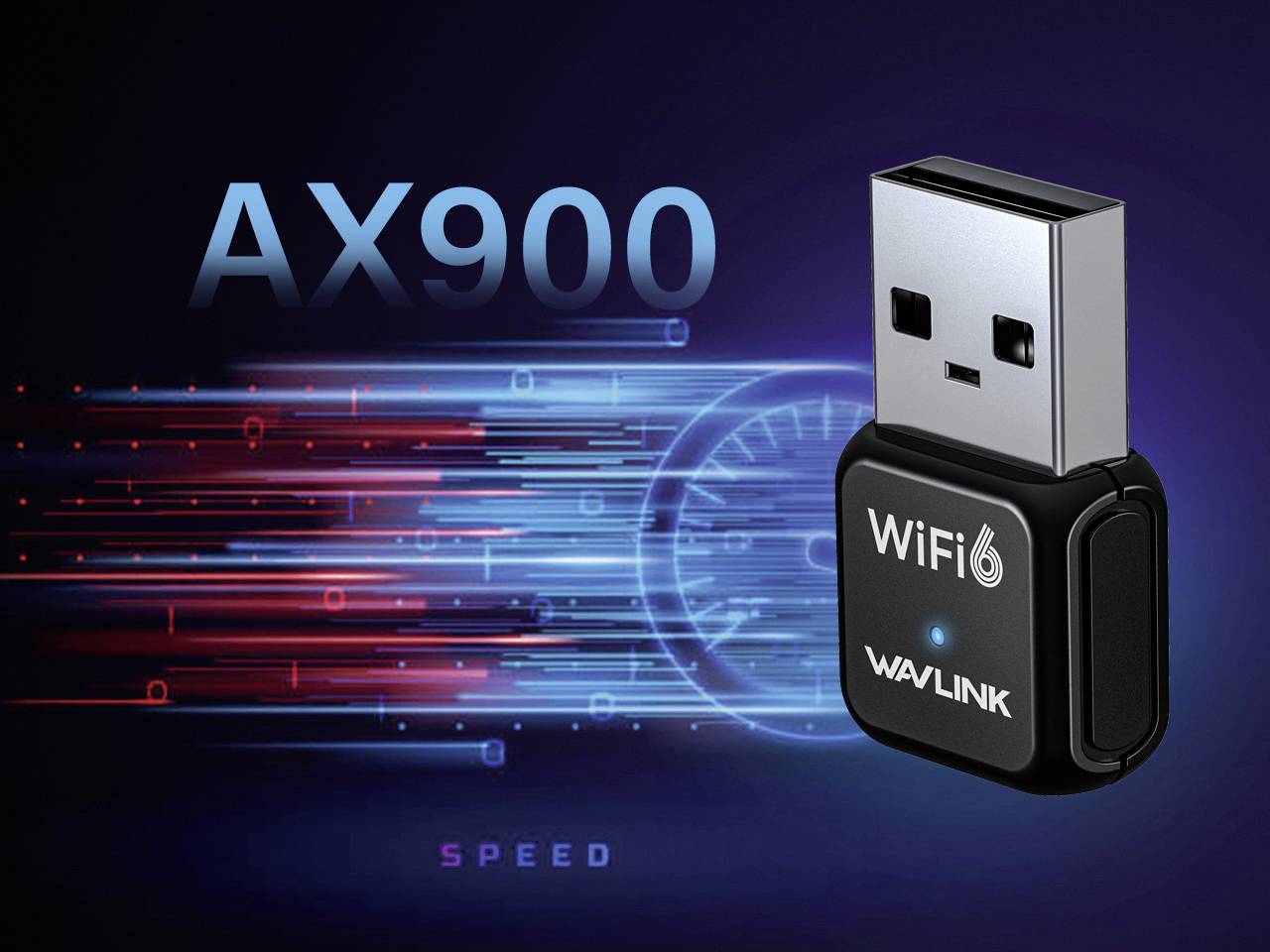 USB WiFi 6 adaptér od WAVLINK, model AX900, zobrazený dynamickými barevnými čarami symbolizujícími rychlost.