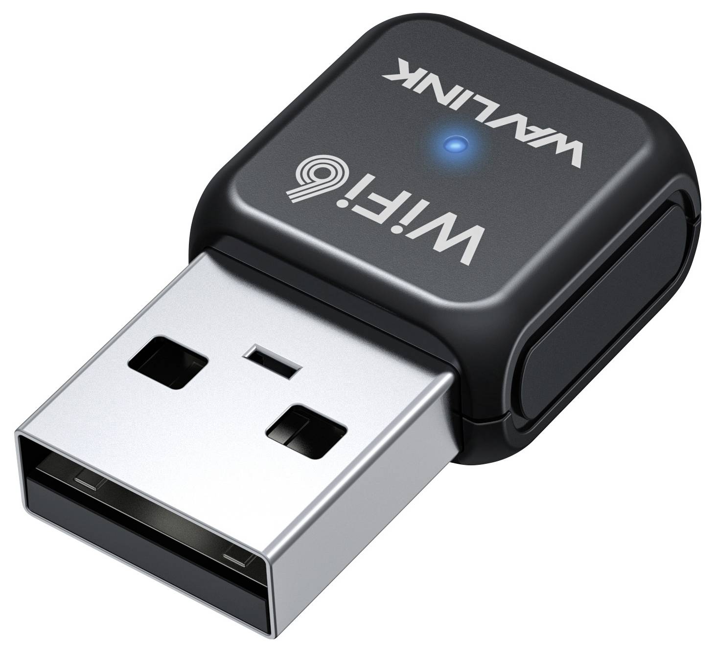Černý USB adaptér s nápisem 'Wi-Fi 6' a svítícím modrým světlem. Nahoře má logo Wavlink.