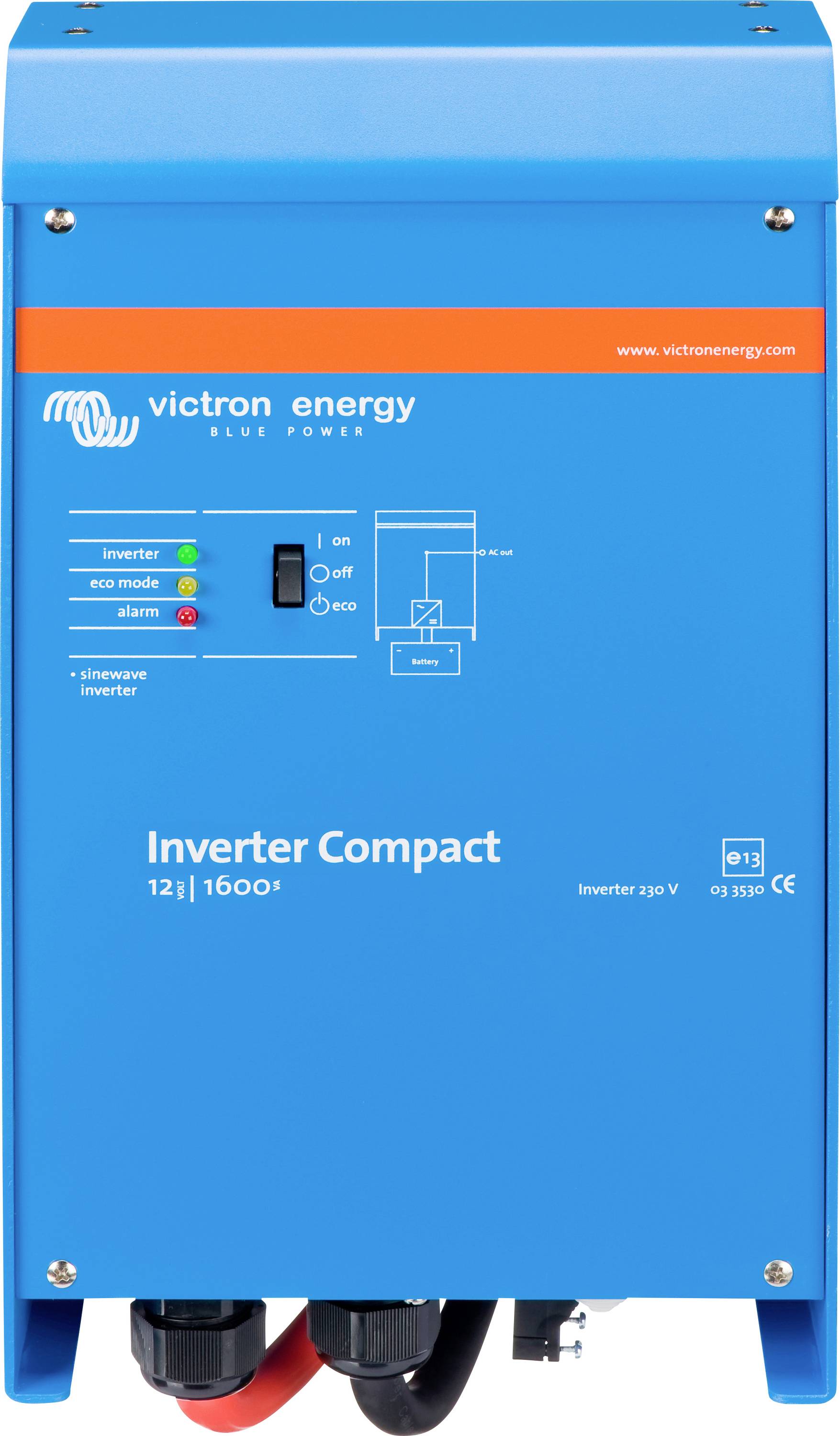 Modrý měnič od Victron Energy s logem a kontrolkami pro měnič, síť a alarm. Text: 'Inverter Compact 12|1600+'.