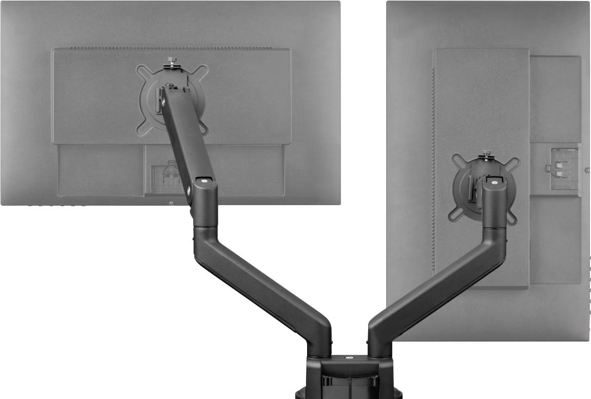 Dva monitory připevněné na dvojitém rameni monitoru, pohled zezadu. Ramena jsou nastavitelná a umožňují flexibilní umístění.