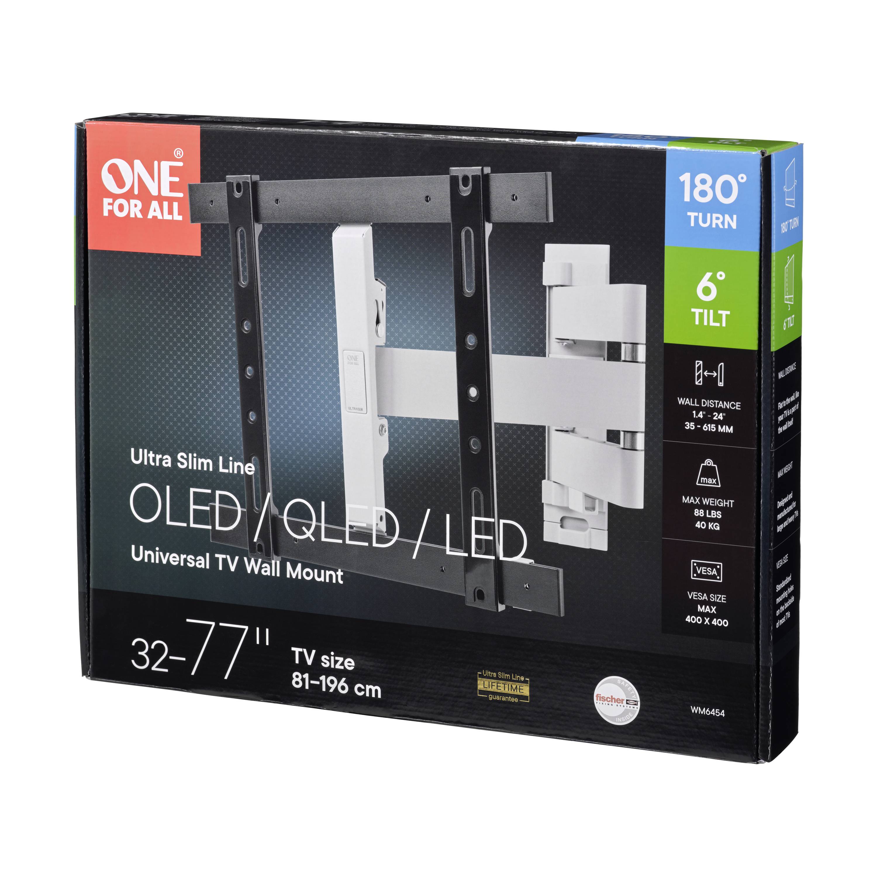 Univerzální nástěnný držák TV pro 32-77 palcové OLED/QLED/LED televizory. Ultra tenký, otočný o 180°, nosnost 27 kg, VESA 400 x 400 mm.