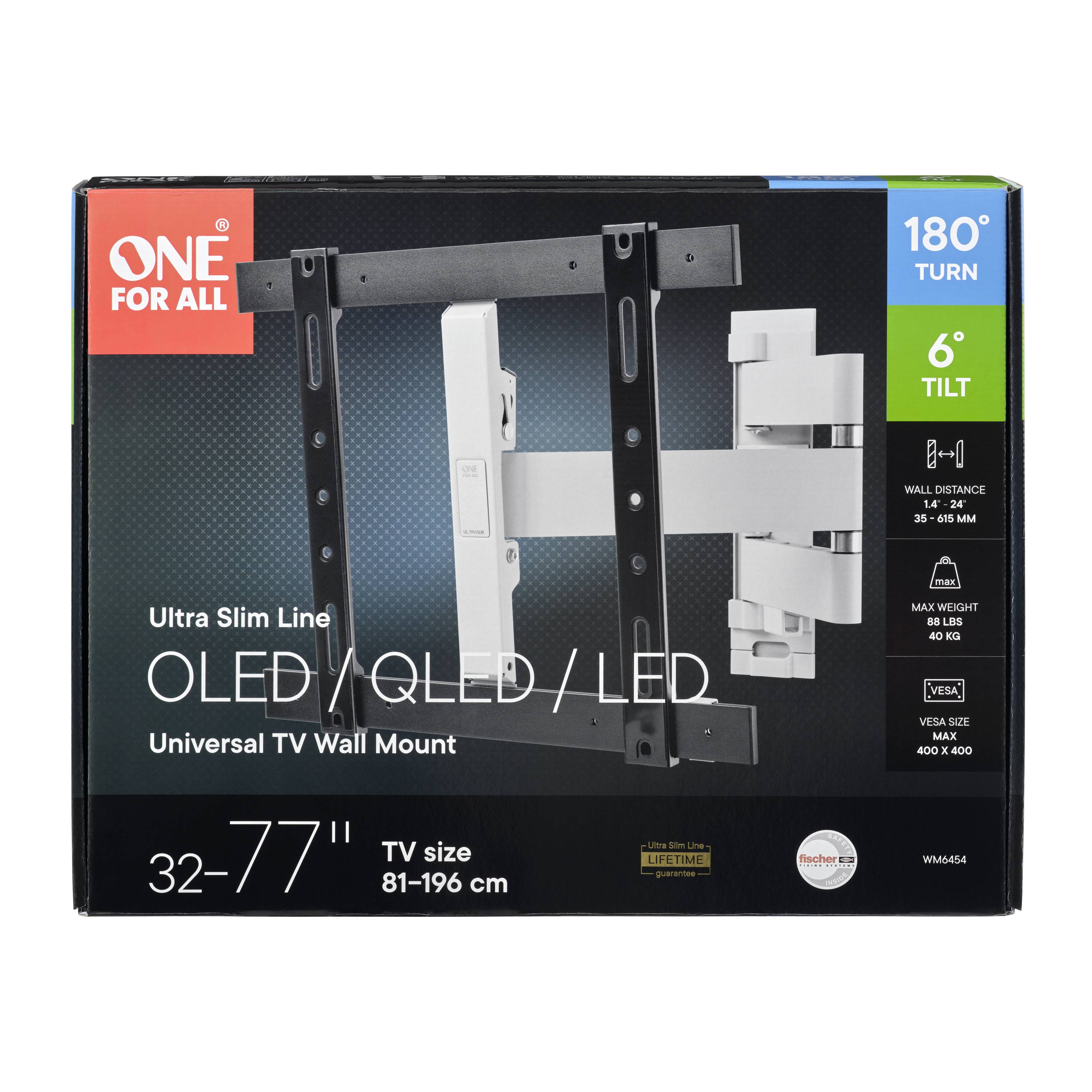 Univerzální nástěnný držák TV 'ONE FOR ALL' pro OLED/QLED/LED, otočný a naklápěcí. Velikost obrazovky: 81-196 cm (32"-77"). Nosnost: 40 kg.