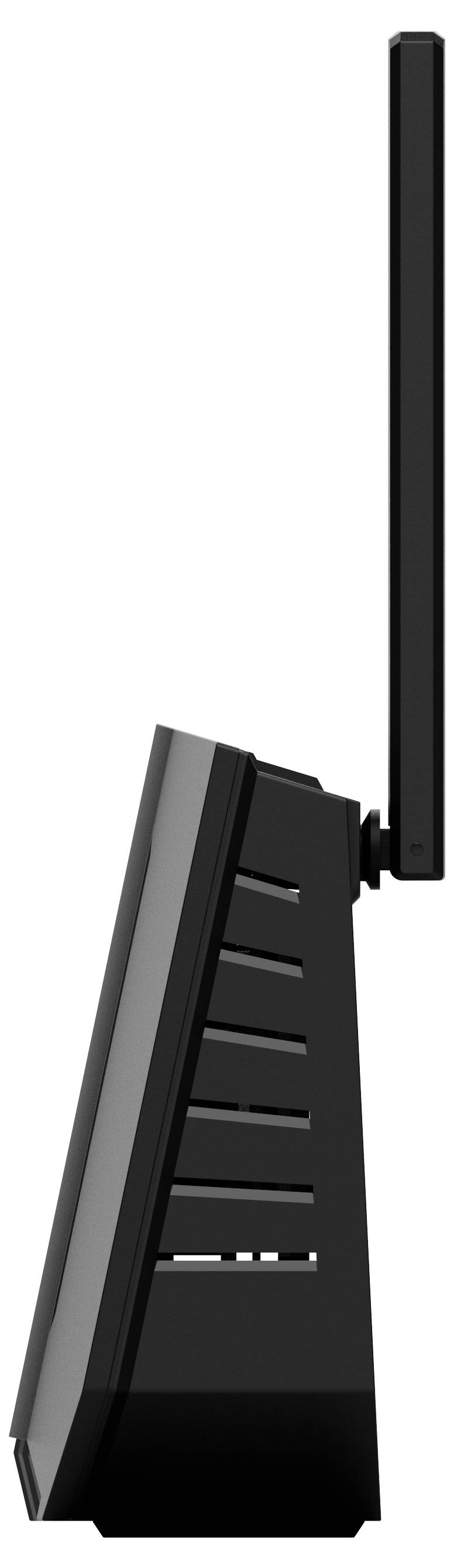 Boční pohled na černý router s vertikálně umístěnou anténou. Design je štíhlý a moderní.