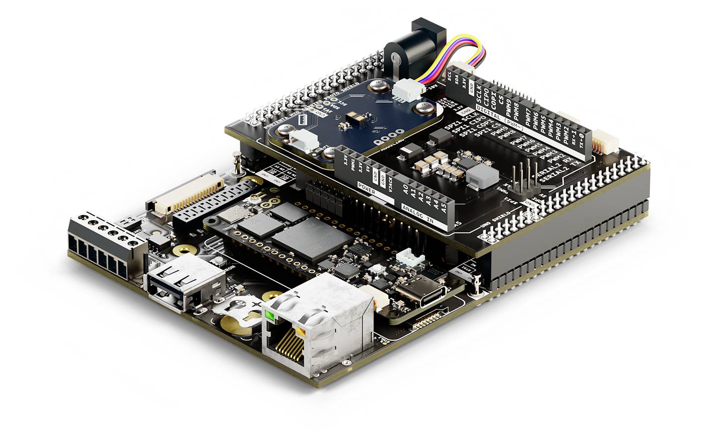Na obrázku je technické zařízení se dvěma elektronickými deskami ležícími jedna nad druhou, plnými elektronických komponentů a připojovacích portů.