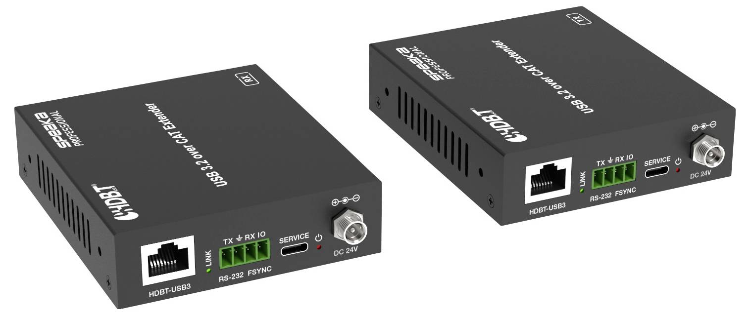 Dva černé USB 3.0 na CAT rozšiřovače, každý s několika porty: USB, Ethernet a napájecí konektor. Leží vedle sebe.