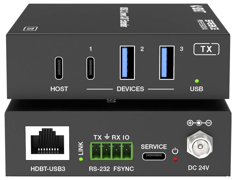 USB-C/USB-3.0 HDMI vysílač s konektory pro host, zařízení, USB a síťové připojení. Obsahuje porty RS-232 a vstup DC 24V.