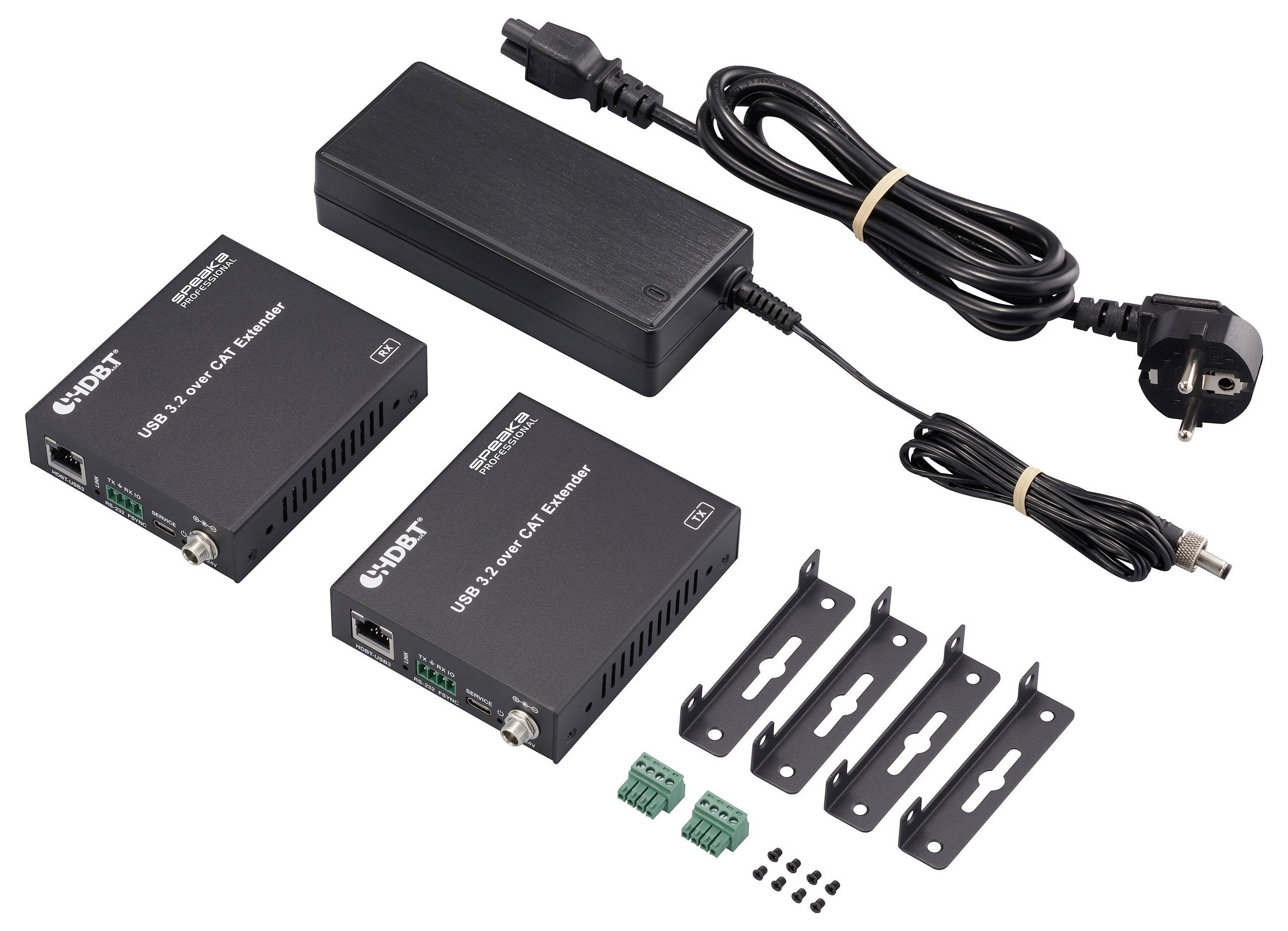Sada se dvěma USB prodlužovači přes CAT, napájecím adaptérem a příslušenstvím pro rozšíření USB připojení na delší vzdálenosti.