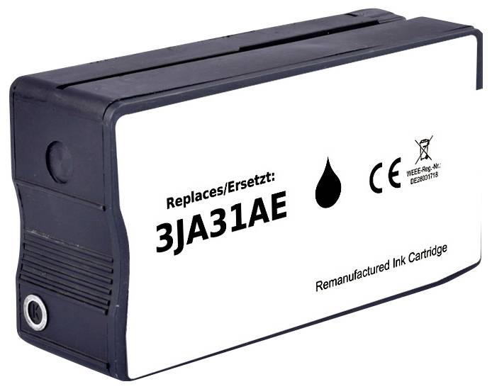Černá repasovaná inkoustová kazeta označená '3JA31AE', s vyznačenými symboly CE a recyklace.