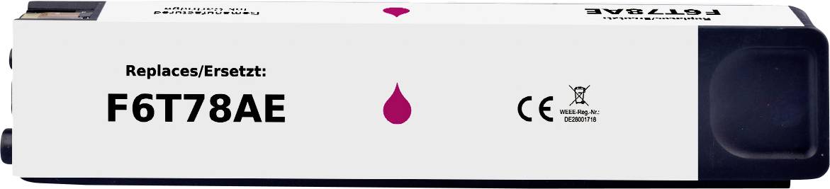 Obrázek zobrazuje kompatibilní purpurový toner označený štítkem „Nahrazuje: F6T78AE", se symboly CE a recyklace vytištěnými na obalu.