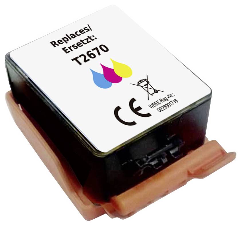 Inkoustový cartridge označený 'Nahrazuje Ersetzt: T2670', zobrazující tři barevné kapky, symboly recyklace a CE, s oranžovou ochrannou krytkou.