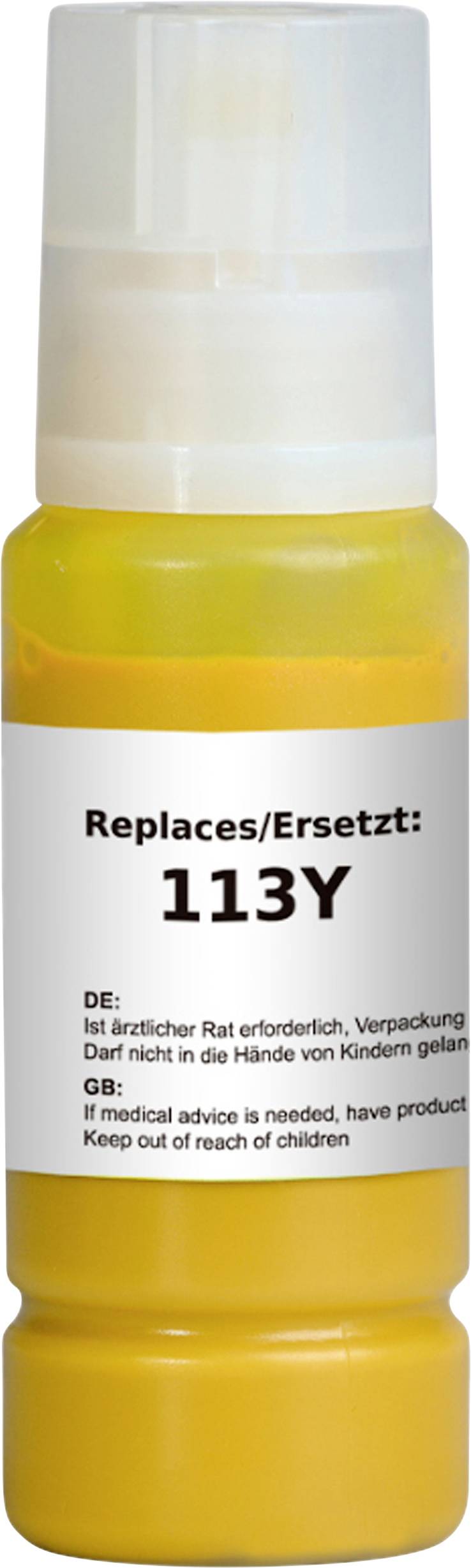 Žlutá láhev s etiketou "Nahrazuje/Ersetzt: 113Y". Německé a anglické bezpečnostní pokyny varují před vystavením dětem a doporučují v případě potřeby lékařskou radu.