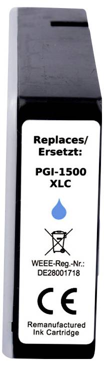 Inkoustová kazeta označená 'Nahrazuje/Ersetzt: PGI-1500 XLC.' S ikonou modré kapky, WEEE-Reg.-č.: DE28001718, a textem repasovaná inkoustová kazeta.
