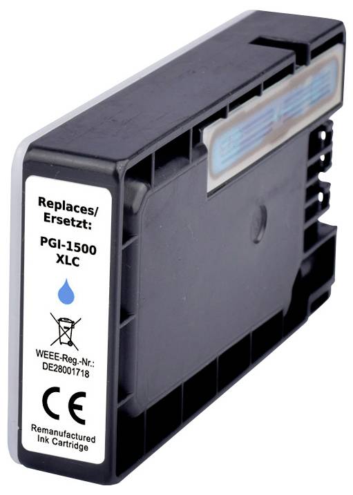 Renovovaná inkoustová kazeta, nahrazuje PGI-1500 XLC, certifikováno CE, registrační číslo WEEE: DE28001718.