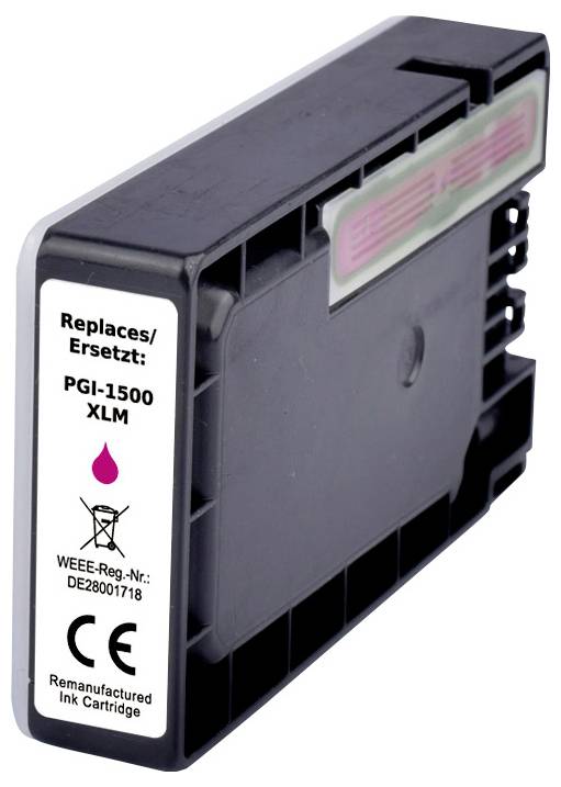 Purpurová inkoustová tiskařská kazeta, označená 'Nahrazuje PGI-1500 XLM', s recyklačními a CE značkami, což ukazuje, že je repasovaná.