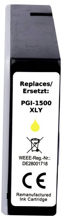 Žlutý inkoustový cartridge, označený štítkem 'Nahrazuje/Ersetzt: PGI-1500 XLY', s certifikacemi včetně značky CE; repasovaný výrobek.