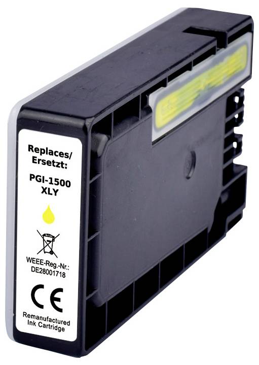 Renovovaná inkoustová kazeta 'Nahrazuje/Ersetzt: PGI-1500 XLY' s označením CE a informacemi o recyklaci zobrazenými na bočním štítku.