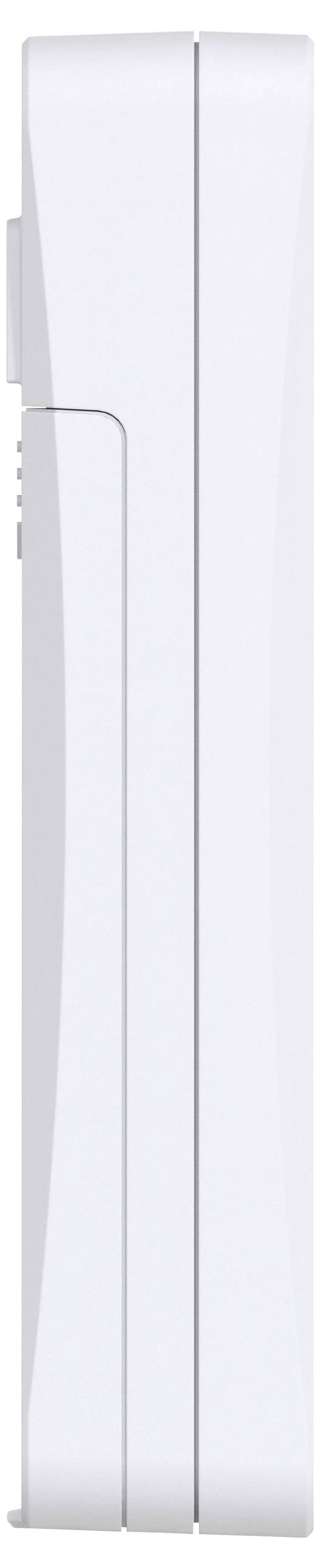 Boční pohled na bílé, obdélníkové elektronické zařízení v profilu, bez viditelných detailů nebo označení značky.
