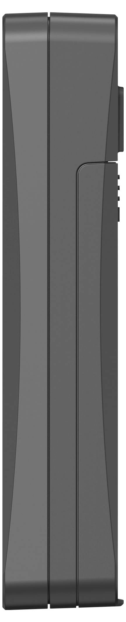Boční pohled na tmavě šedý USB flash disk s elegantním, obdélníkovým tvarem.