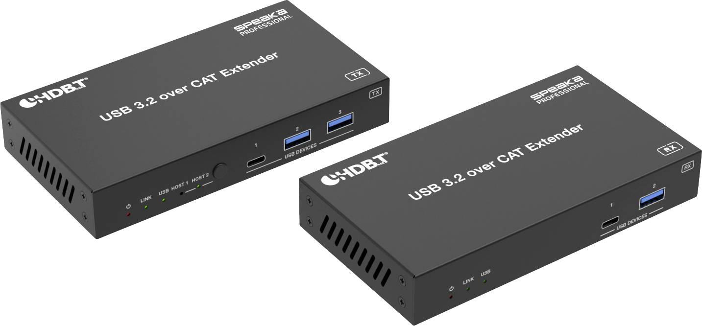 Dva černé USB 3.2 porty přes CAT extender s více přípojkami, označené jako 'HDBaseT'.