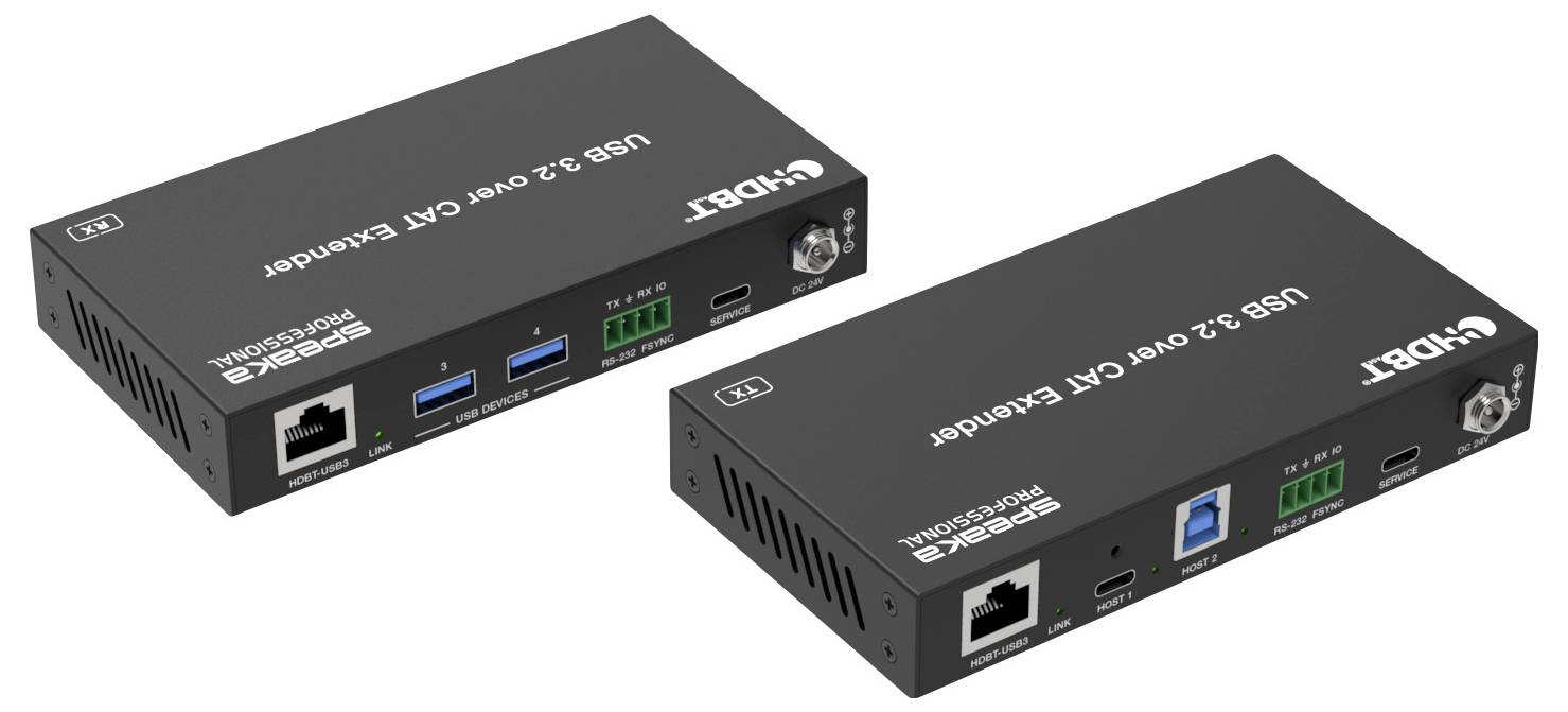 Dva černé přístroje pro prodloužení USB 3.2 přes kabel CAT. Jeden ukazuje USB porty, druhý ethernetové porty.