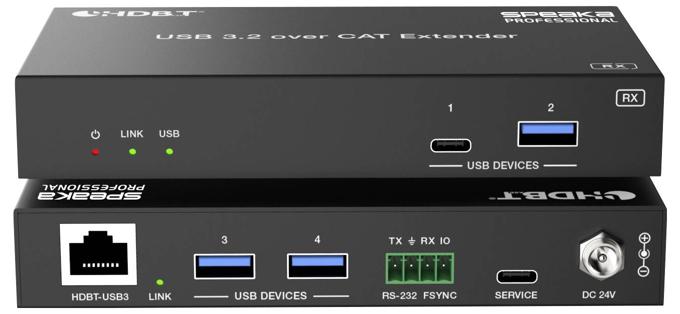 USB 3.2 prodlužovač přes CAT kabel: Dva černé moduly pro rozšíření USB signálů přes CAT kabely. Přední strana zobrazuje konektory a stavové LED diody.