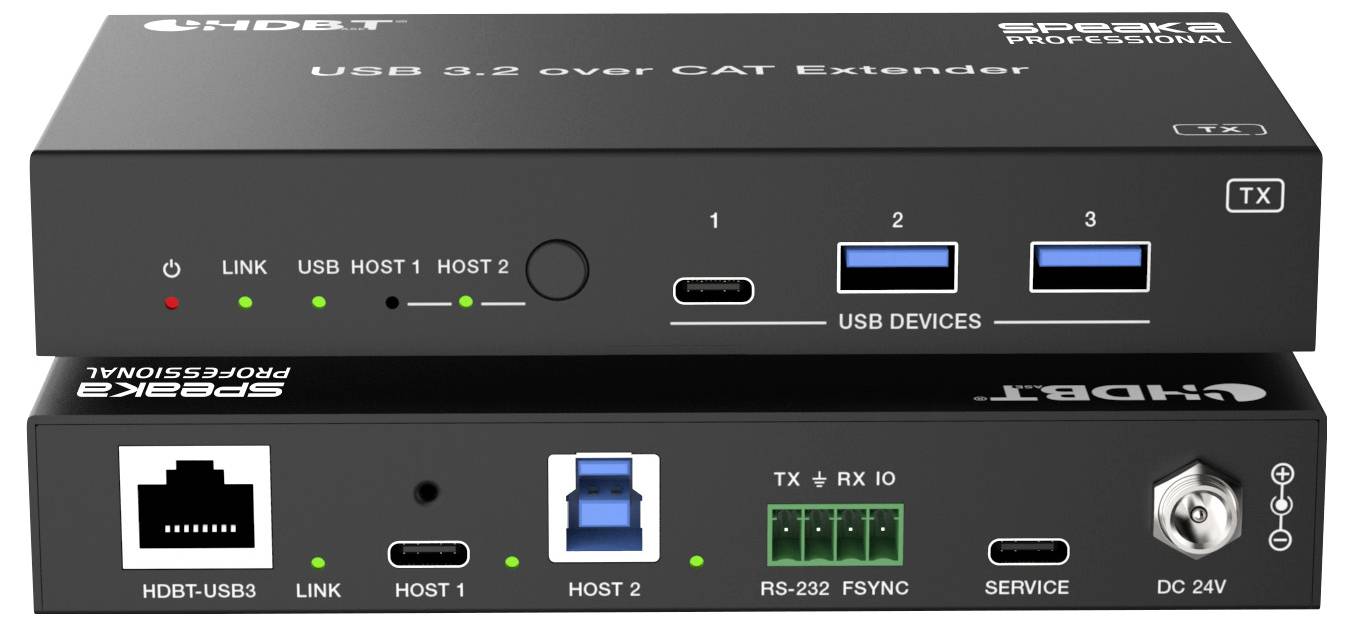Prodlužovač USB 3.2 přes CAT s dvěma USB porty, indikátory stavu a připojovacími konektory. Zlepšuje USB připojení na dlouhé vzdálenosti.
