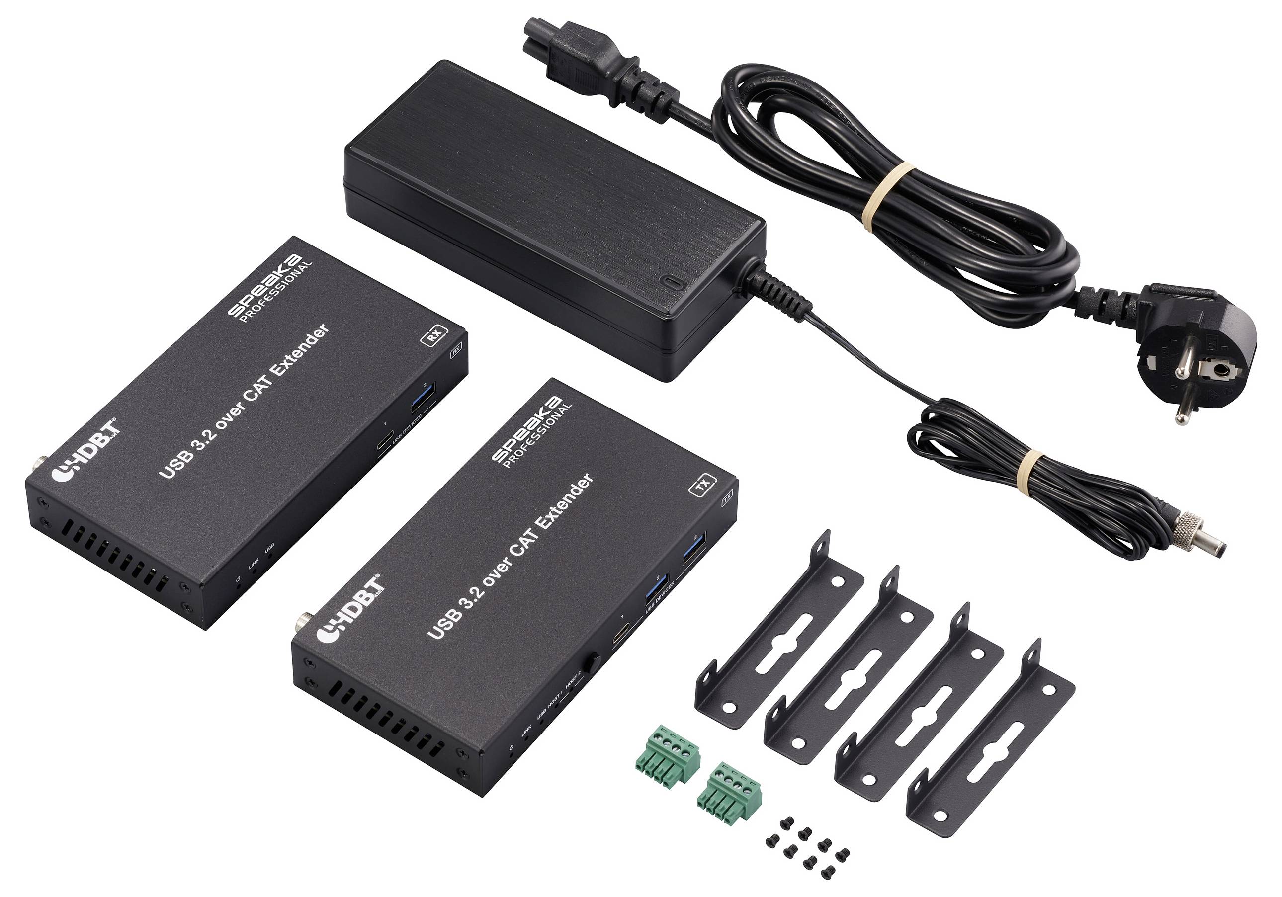 Sada prodlužovače USB 3.1, skládající se z dvou černých modulů, napájecího zdroje a příslušenství, určená k prodloužení USB signálů pomocí CAT kabelů.