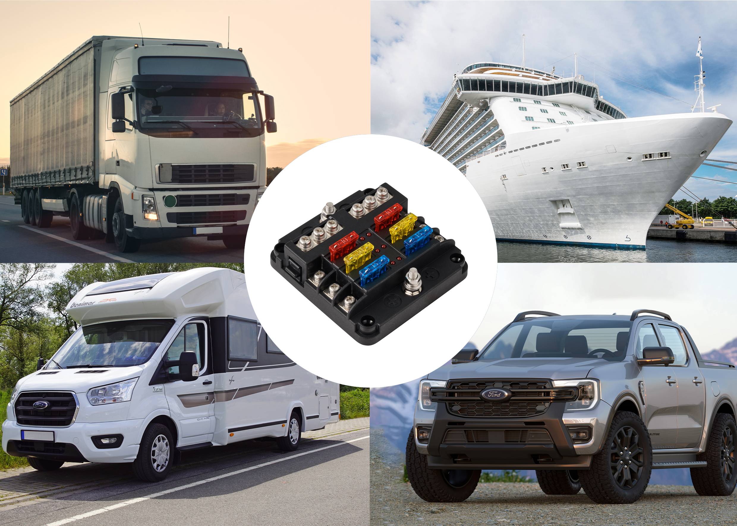 Nákladní automobil, výletní loď, obytný vůz a pickup obklopují držák zabezpečení vozidla. Dopravní prostředky a technika jsou zvýrazněny.