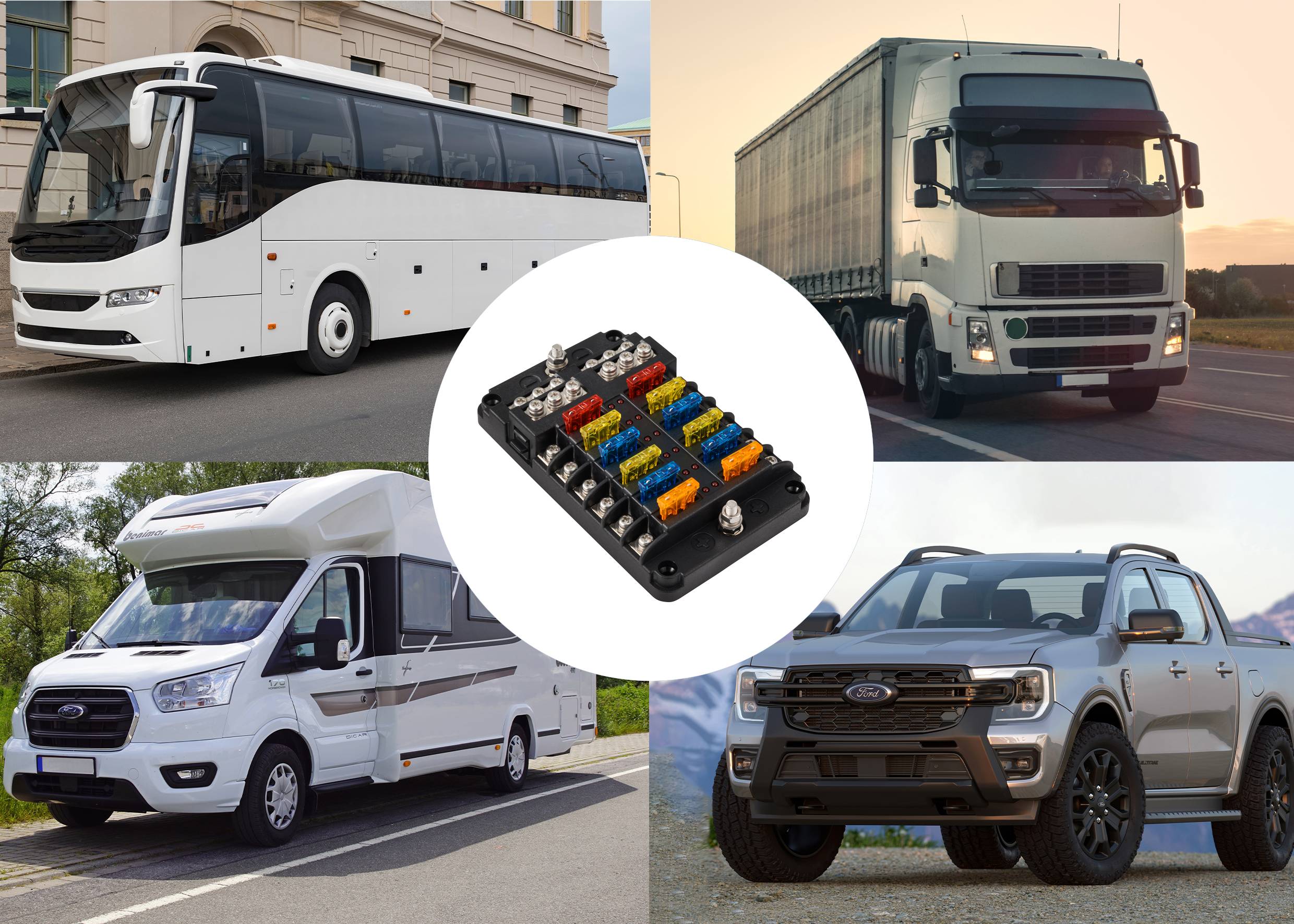 Obrázek čtyř typů vozidel: autobus, nákladní automobil, obytný vůz a SUV. Ve středu je zobrazen pojistkový box, pravděpodobně z vozidla.