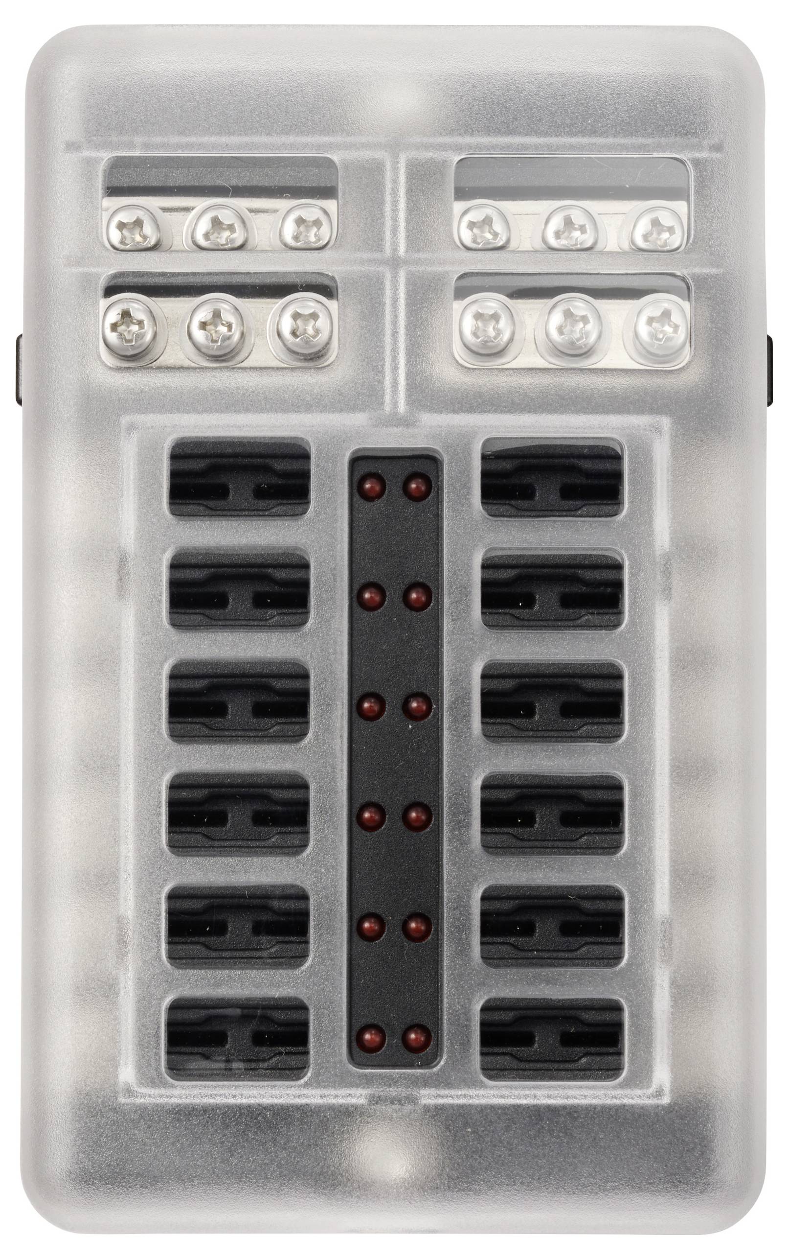 Plastový kryt s několika pojistkami a LED kontrolkami, které indikují a monitorují elektrický obvod.