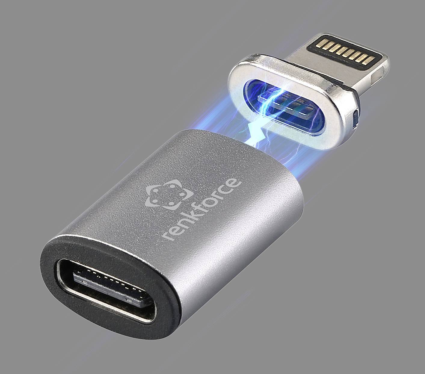 Stříbrný USB-C na Lightning adaptér od značky Renkforce. Adaptér vykazuje modrý připojovací efekt.