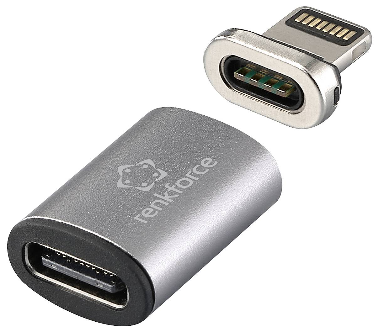 Stříbrný USB-C adaptér s logem 'renkforce'. Propojuje zařízení s USB-C pomocí magnetického konektoru pro snadné připojení a odpojení.
