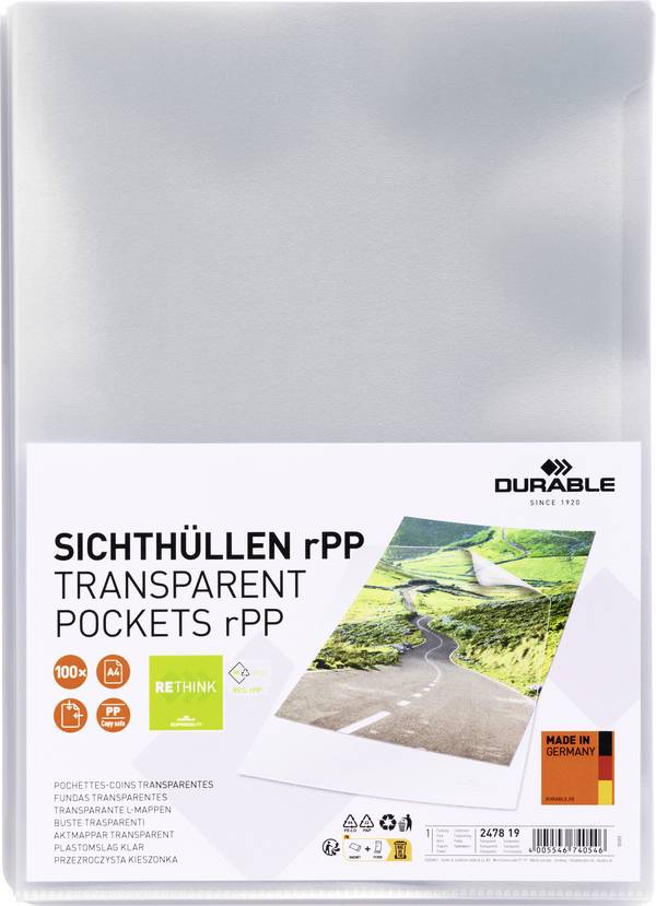 Durable průhledný obal STANDARD rPP DIN A4 recyklovaný plast, plast 0.10 mm transparentní 247819 100 ks