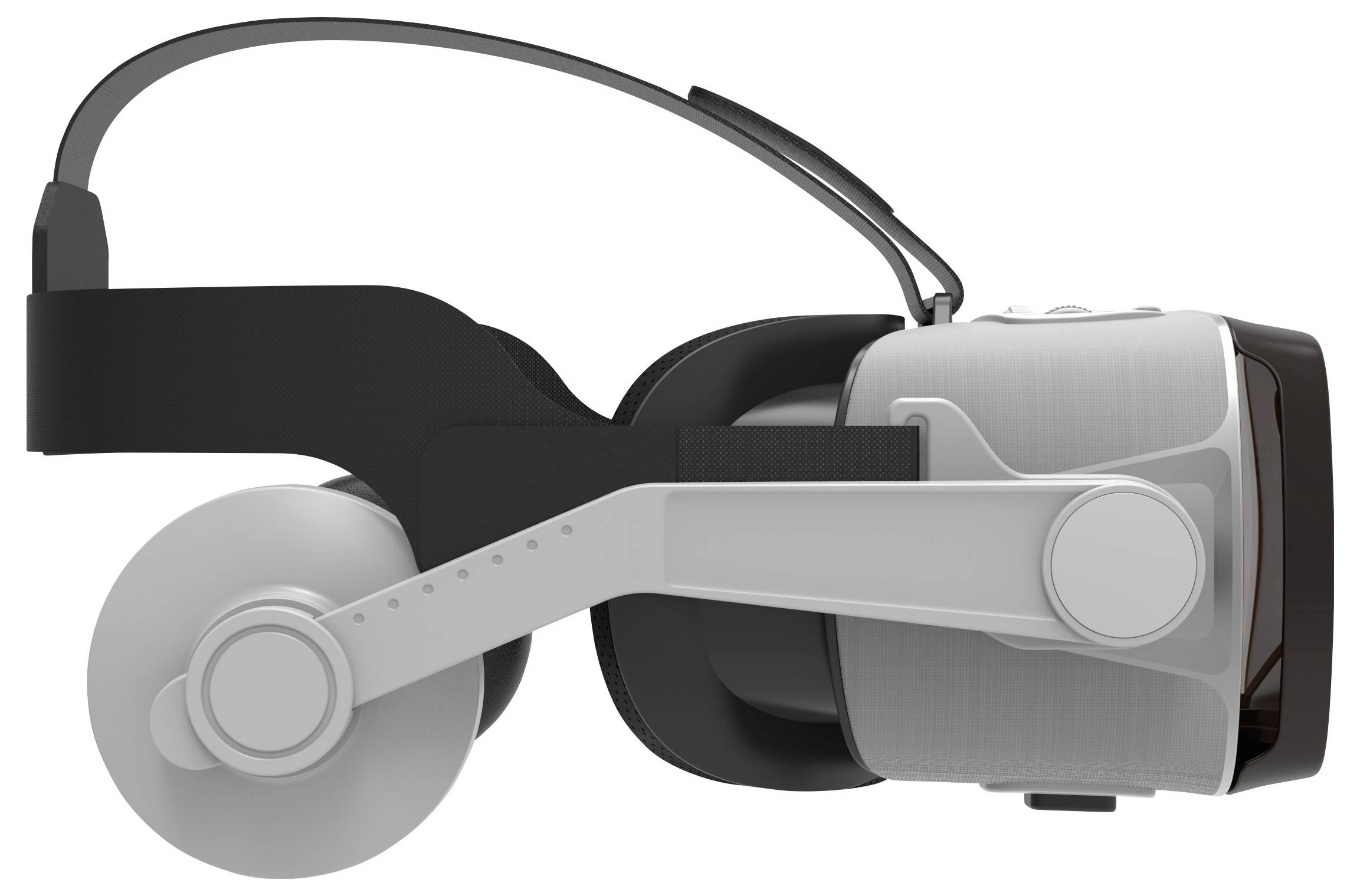 VR headset z bočního pohledu s černým a šedým designem, s nastavitelnými hlavovými pásky a viditelnými poslechovými jednotkami.