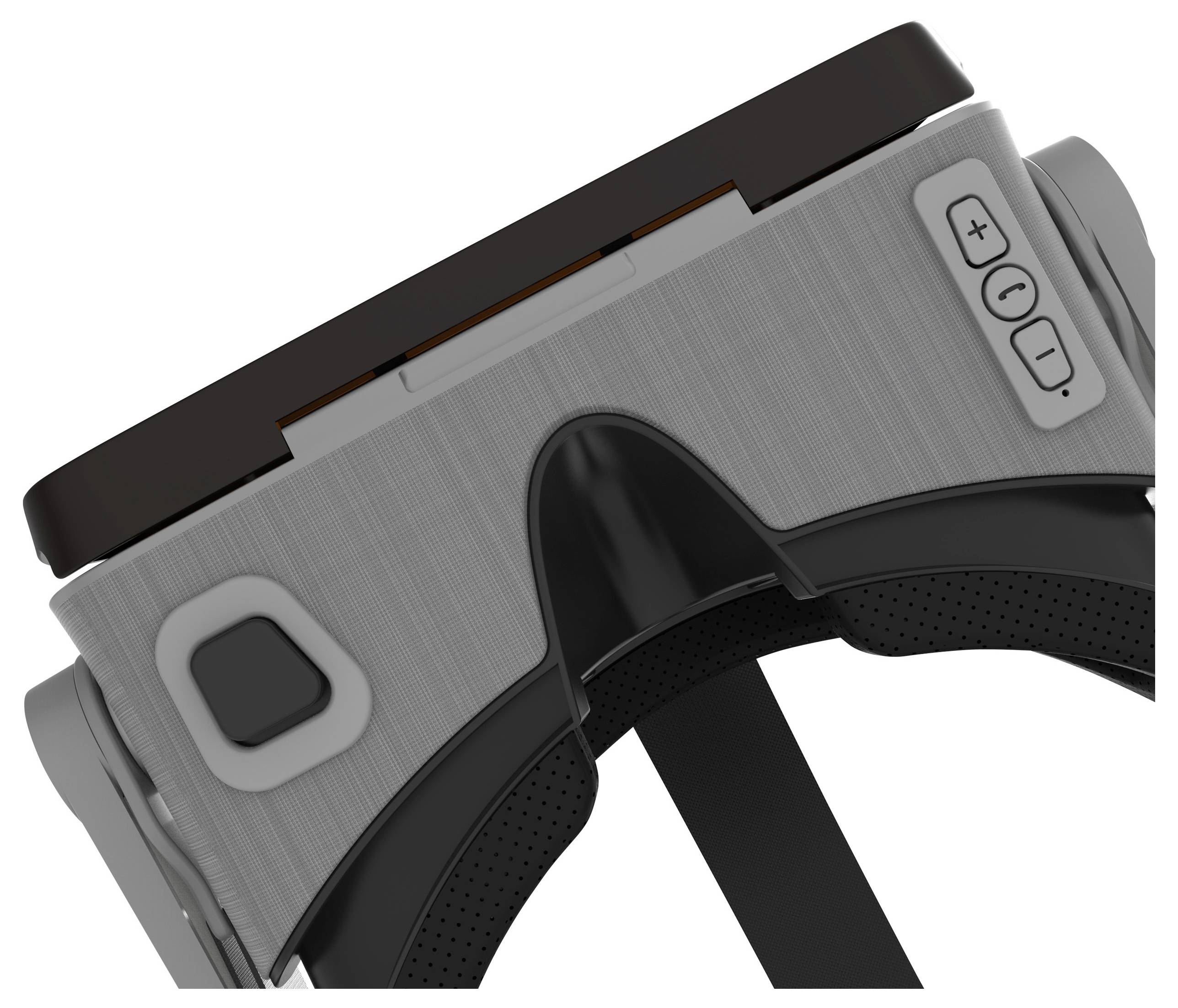 Headset virtuální reality (VR), pohled z boku. Zobrazuje ovládací tlačítka pro hlasitost a nastavení. Hlavový pás je viditelný.