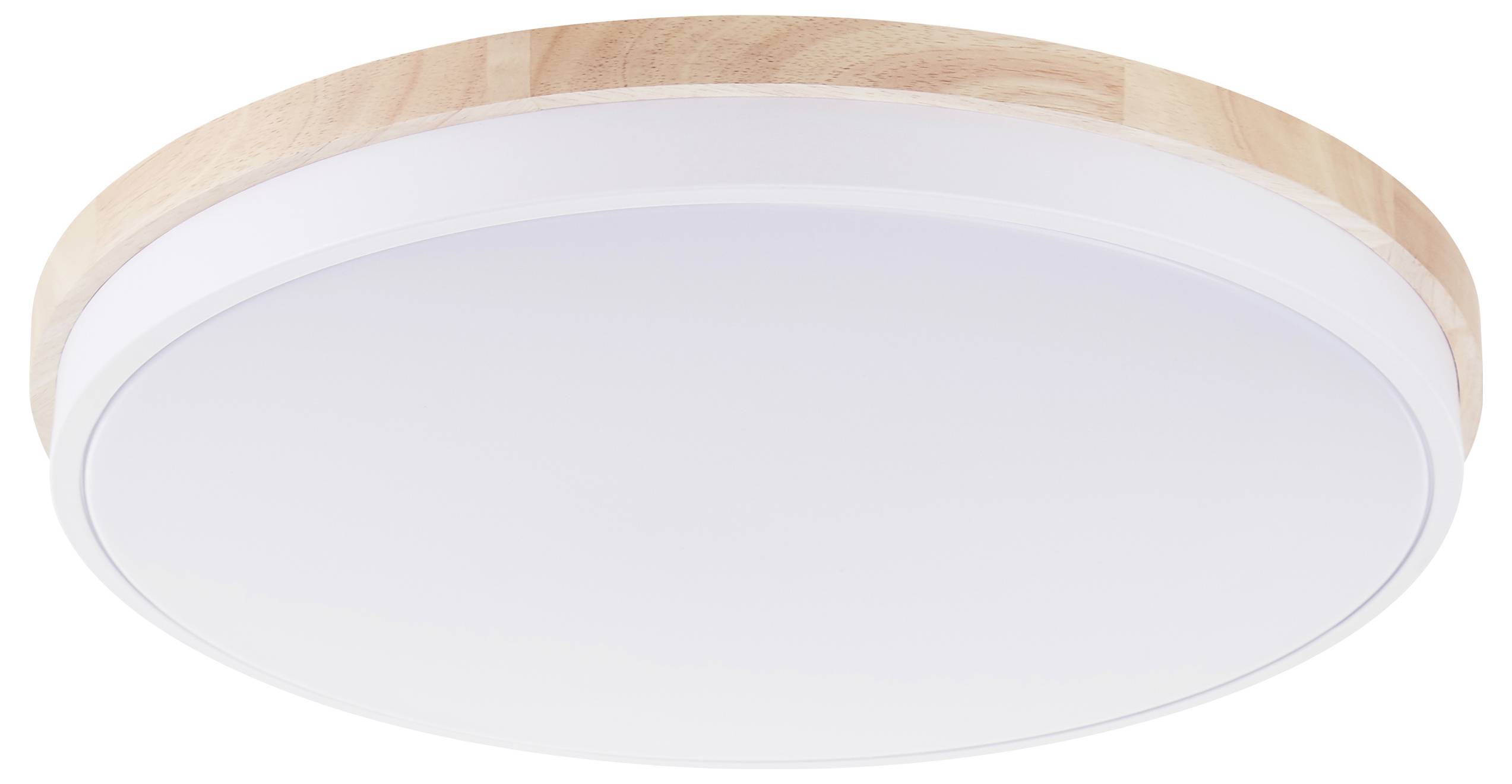 Kulaté stropní svítidlo s dřevěným okrajem a bílým krytem. Minimalistický design, ideální do moderních obytných nebo kancelářských prostor.