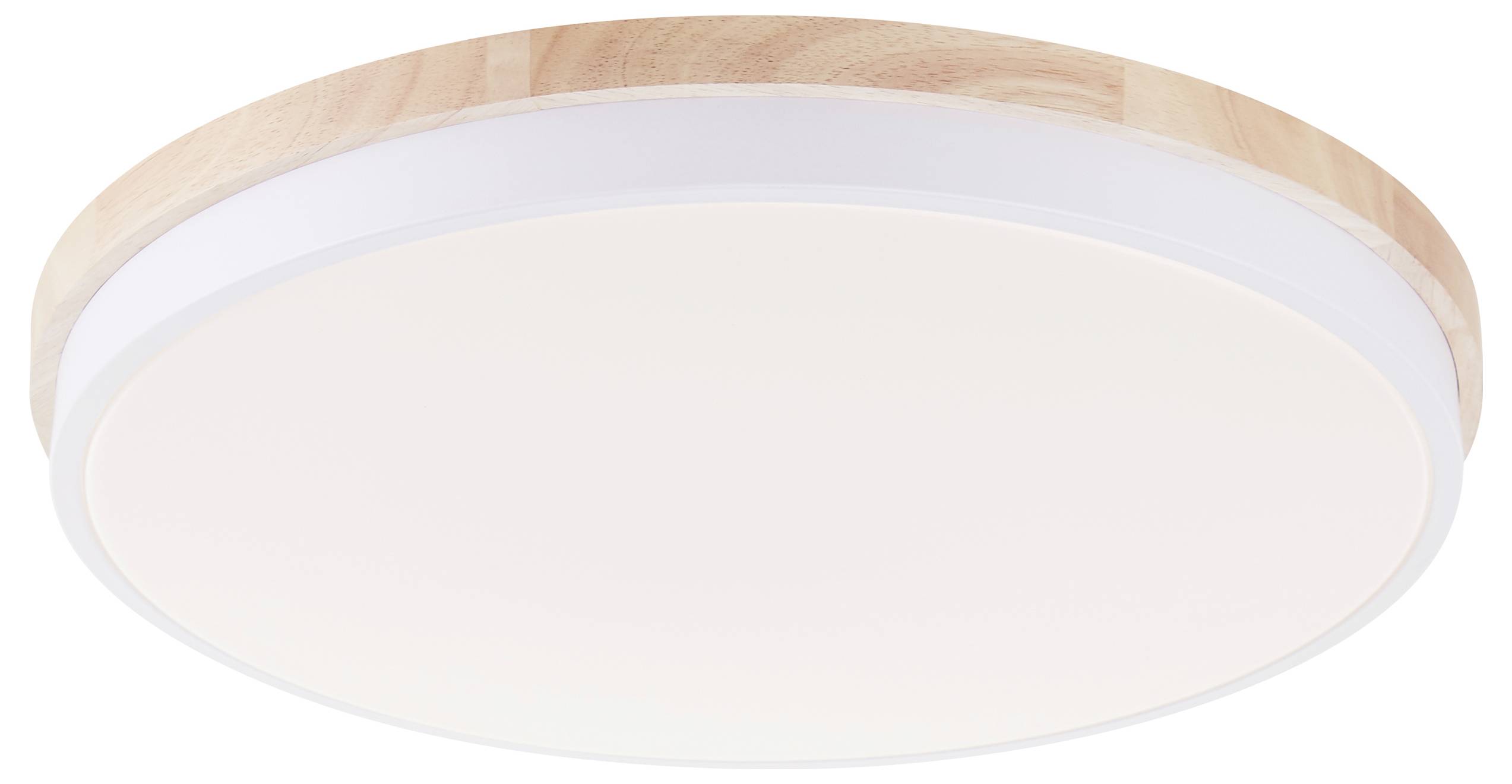 Kulatá LED stropní lampa s dřevěným lemováním, jednoduché designové provedení, bílá osvětlovací plocha, vhodná pro moderní interiérové řešení.