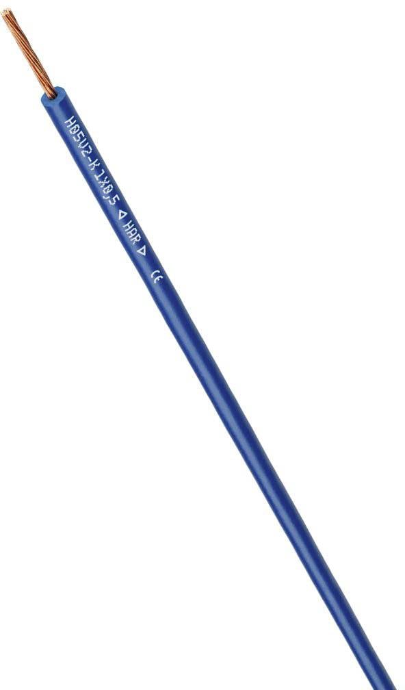 Modrý elektrický kabel s otevřeným měděným vodičem má nápis 'H05V-K 1X0,5 mm²'. Vhodný pro nízkopěťové aplikace.