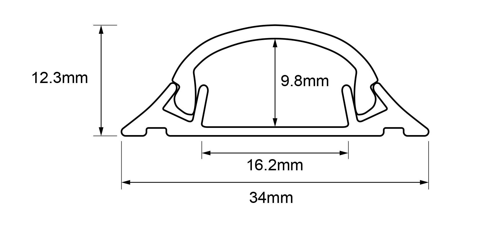Příčný řez profilu s rozměry: šířka 34 mm, výška 12,3 mm, vnitřní výška 9,8 mm, vnitřní šířka 16,2 mm.