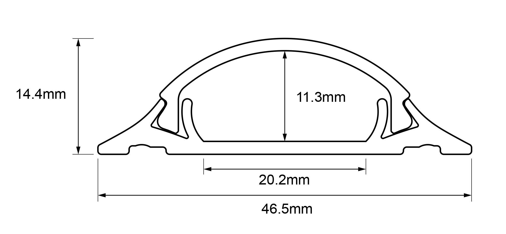 Schematický diagram zobrazuje boční pohled objektu s obdélníkovou základnou a vyklenutým horním povrchem s rozměry: výška 14,4 mm, šířka 46,5 mm, výška oblouku 11,3 mm.