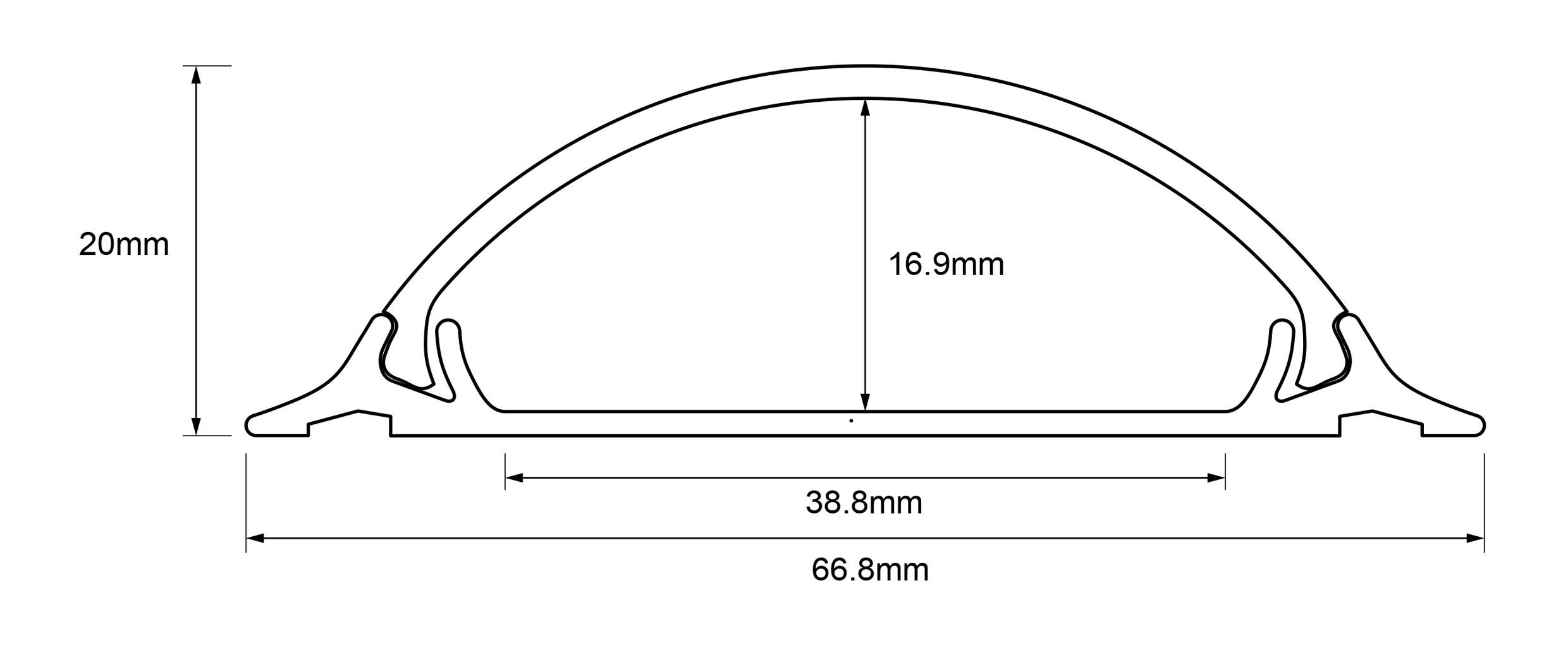Technický výkres zakřiveného profilu s rozměry: výška 20 mm, výška oblouku 16,9 mm, šířka dole 66,8 mm, šířka uprostřed 38,8 mm.