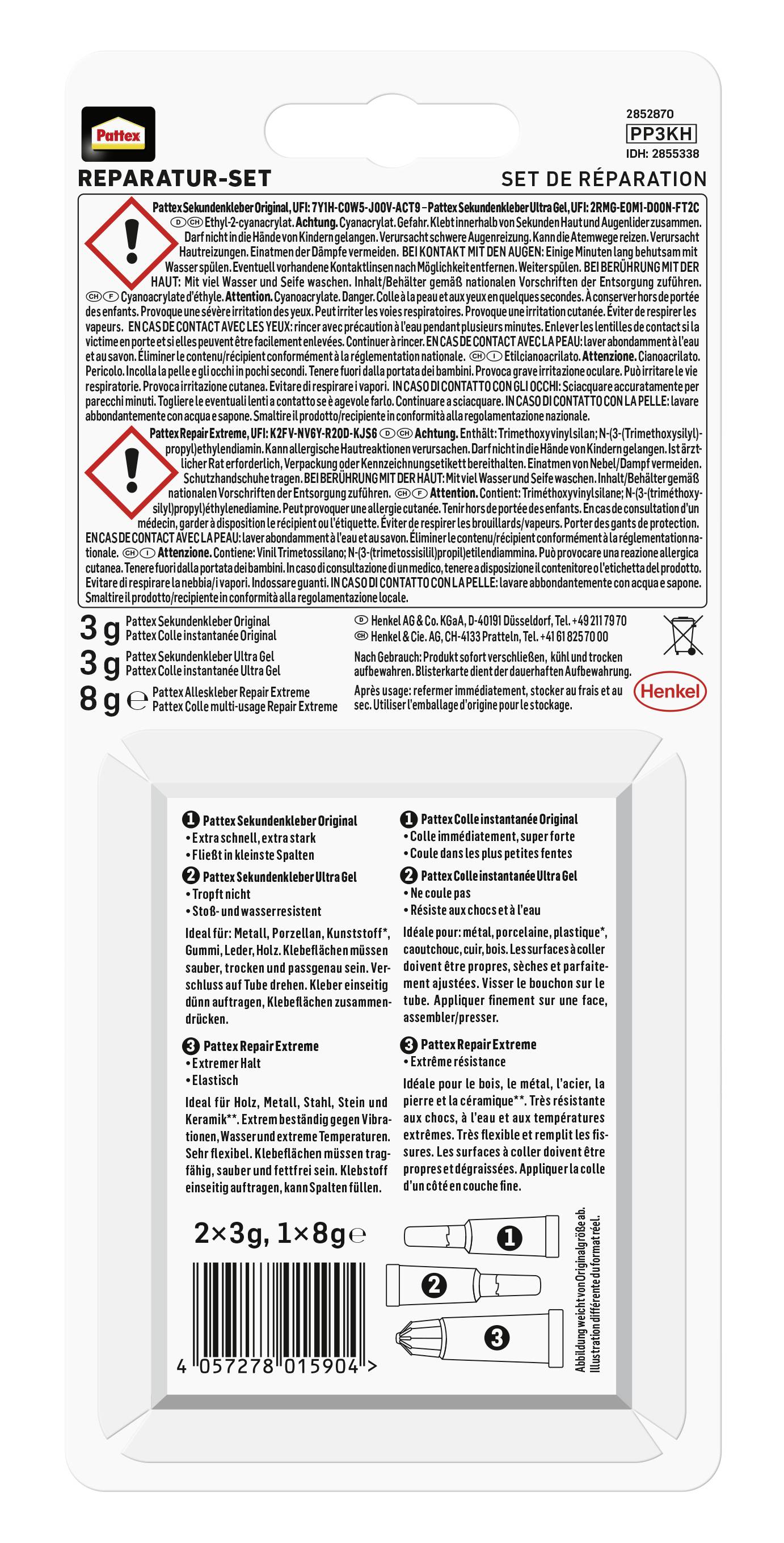 'Pattex opravná sada': Zadní strana obalu zobrazuje bezpečnostní pokyny v několika jazycích, údaje o množství a ilustrace produktu.