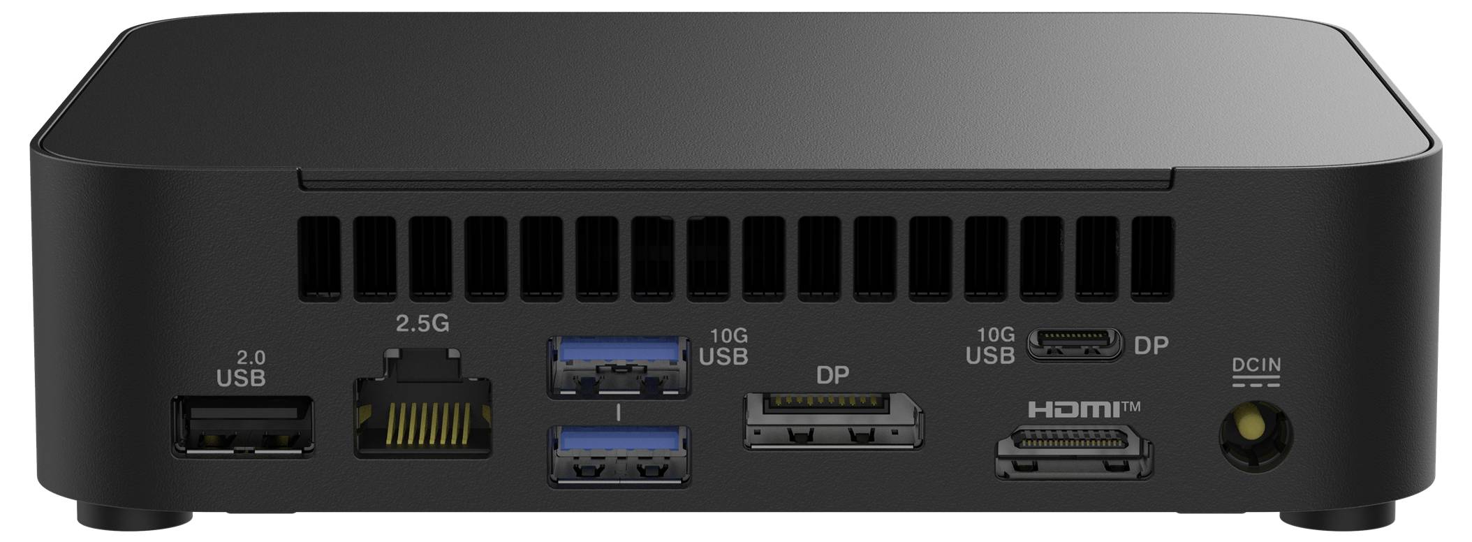 Černý mini počítač zezadu s několika porty: dva DisplayPorty, HDMI, napájecí konektor, dva USB porty, Ethernet a dva USB 3.0 porty.