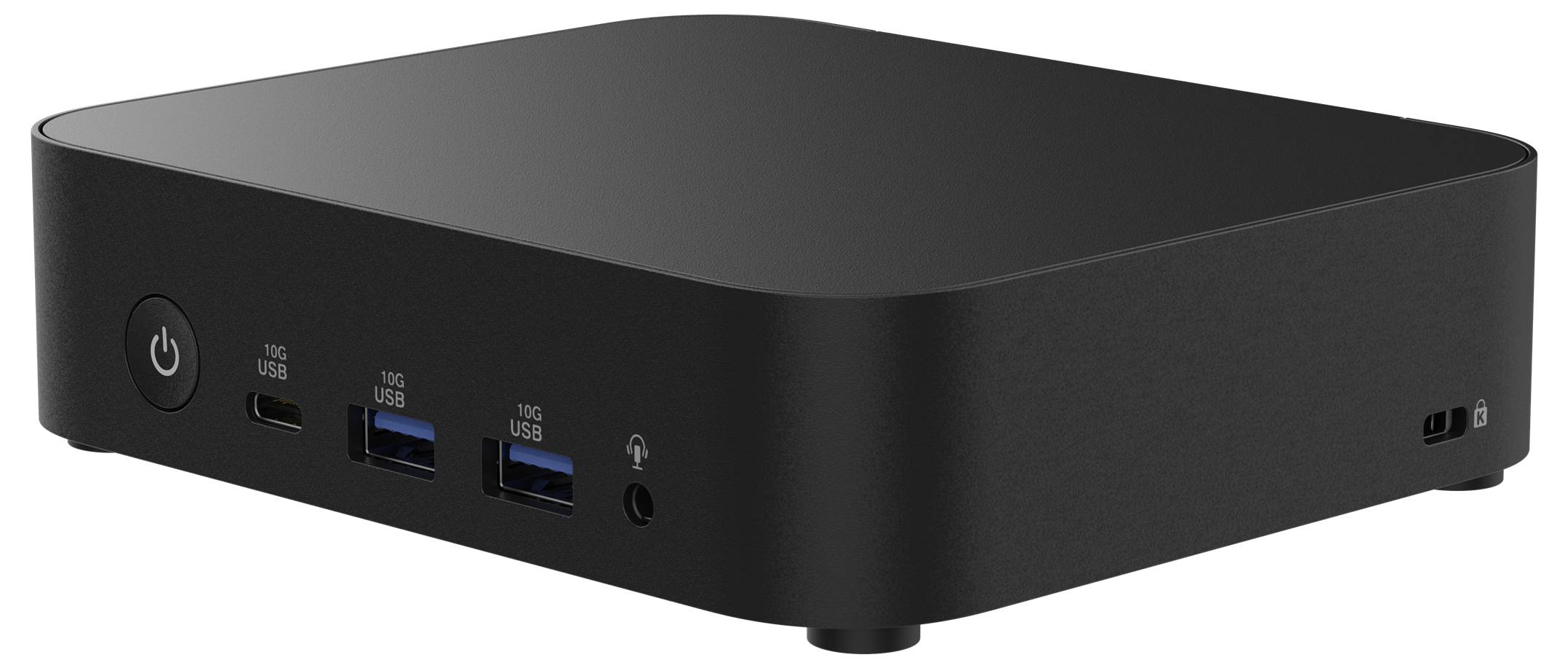 Malý černý počítač se dvěma USB porty, jedním USB-C portem, zdířkou pro sluchátka a síťovým vypínačem na přední straně.