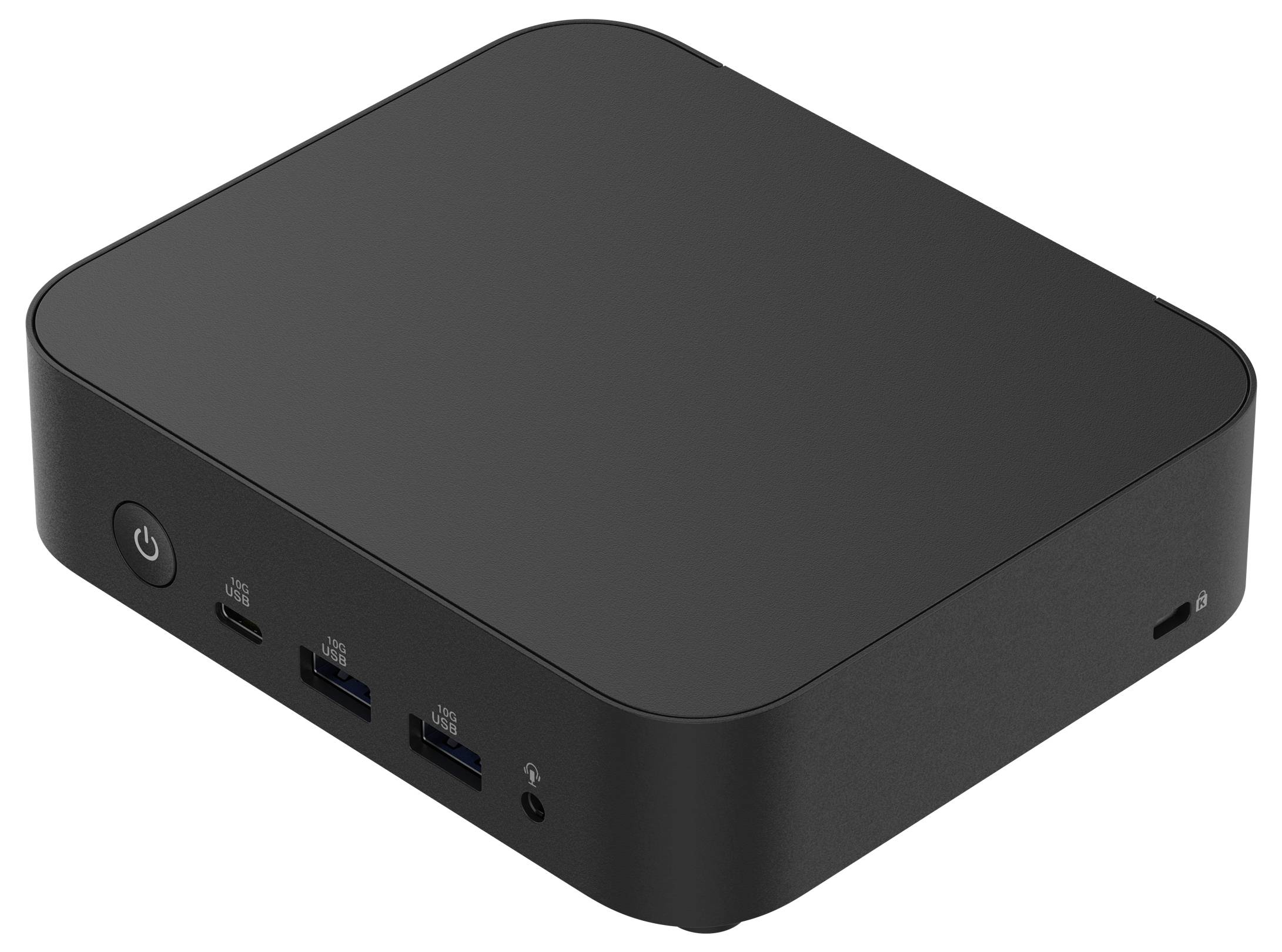 Černý mini počítač se zaoblenými rohy, jehož přední strana nabízí dva USB porty, jeden HDMI konektor a síťový vypínač.