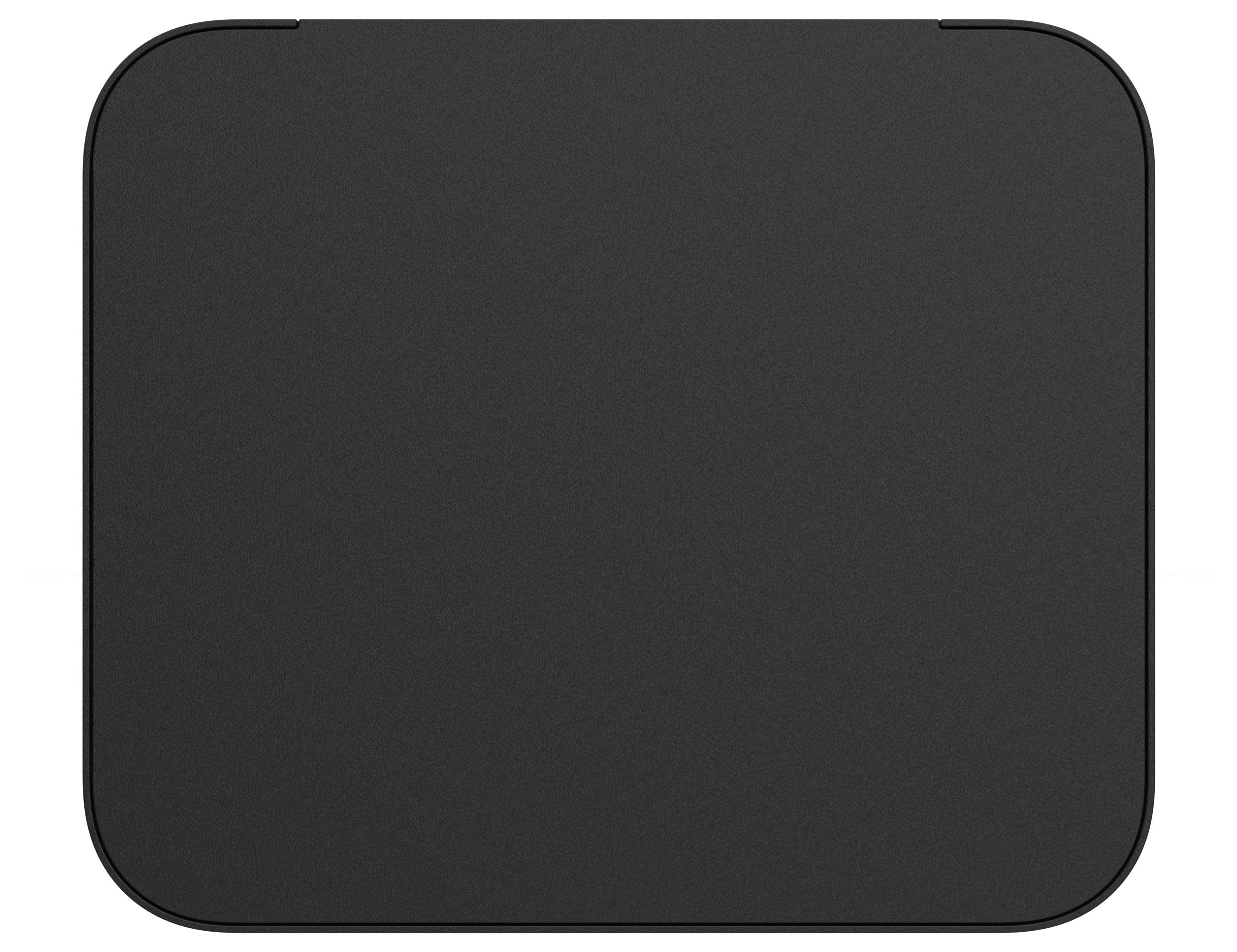 Obdélníkový černý touchpad se zaoblenými rohy. Je plochý a minimalisticky navržený, bez viditelných tlačítek nebo vzorů.