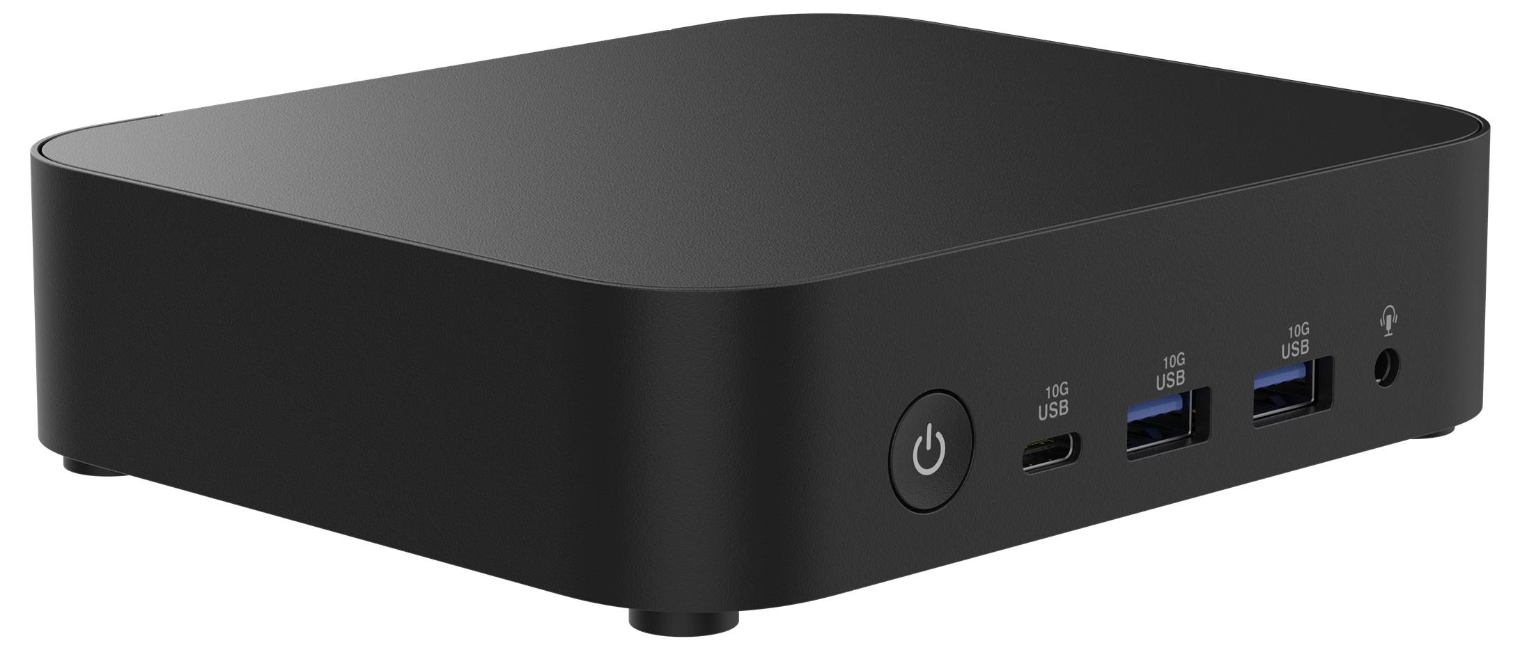 Černý mini-PC kryt s vypínačem, několika USB porty a audio výstupem na přední straně. Ideální pro kompaktní počítačová řešení.