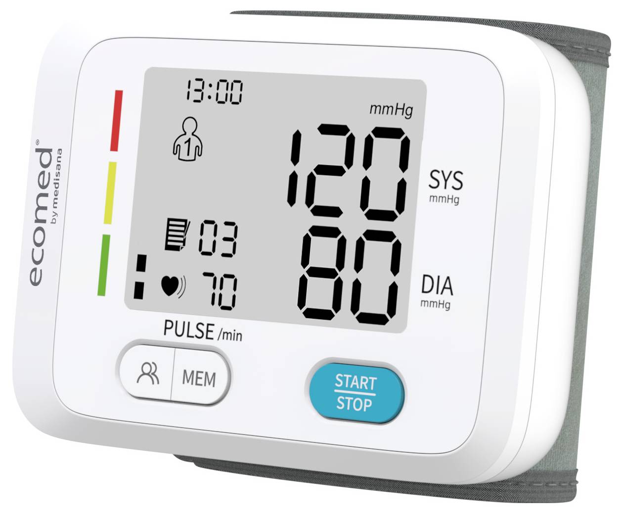 Elektronický tlakoměr ukazuje 13:00 hodin, systolický tlak 120 mmHg, diastolický tlak 80 mmHg a puls 70/min.